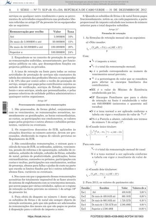 6 I SÉRIE — NO
71 SUP «B. O.» DA REPÚBLICA DE CABO VERDE — 31 DE DEZEMBRO DE 2012
serviços ou qualquer outro rendimento e para os prove-
nientes de actividades enquadráveis nas proﬁssões libe-
rais referidas no artigo 23º da presente lei ou equiparadas
são as seguintes:
Remuneração por recibo Valor Taxa
Até 5.000$00 10%
De mais de 5.000$00 e até 50.000$00 15%
De mais de 50.000$00 e até 100.000$00 20%
Superior a 100.000$00 24%
2. Enquadram-se no conceito de prestação de serviço
as remunerações auferidas, acessoriamente, por funcio-
nários públicos ou não, que desempenhem funções em
projectos públicos ou privados.
3. A taxa de retenção na fonte para todas as outras
actividades de prestação de serviços não constantes da
tabela dos mínimos das proﬁssões liberais ou equiparadas
é de 10% (dez por cento) sobre o recibo de prestação de
serviço, sempre que paga pelos contribuintes sujeitos ao
método de veriﬁcação, serviços do Estado, autarquias
locais e seus serviços, ainda que personalizados, e pelas
pessoas colectivas de utilidade pública administrativa e
quaisquer outros organismos.
Artigo 20º
Processamento conjunto das remunerações
1. São processados, de forma global, conjuntamente
com os vencimentos, as remunerações acessórias, no-
meadamente as gratiﬁcações, as horas extraordinárias,
as custas, as participações nos emolumentos, os valores
pagos pelos projectos e outros abonos e subsídios perma-
nentes, variáveis ou eventuais.
2. Os respectivos descontos do IUR, aplicados às
situações descritas no número anterior, devem ser pro-
cessados, obedecendo às regras de cálculo previstas no
Regulamento do IUR.
3. São consideradas remunerações, e entram para o
cálculo da taxa de IUR, os ordenados, salários, vencimen-
tos, pensão de reforma e de aposentação, subsídio de re-
sidência, subsídio de refeição, subsídio de férias, subsídio
de natal, prémio de produtividade, gratiﬁcações, horas
extraordinárias, comissões ou prémios, participações em
custas e multas, participações nos emolumentos, senhas
de presença, abonos para falha e ajudas de custo na parte
que exceda os limites ﬁxados por lei e outros subsídios e
abonos ﬁxos, variáveis ou eventuais.
4. Nos casos em que o pagamento dessas remunerações
acessórias for totalmente impossível de se fazer através
do sistema de englobamento com os vencimentos mensais,
por serem pagas por várias entidades, aplica-se o regime
de retenção na fonte previsto no número 1 do artigo 19º
da presente lei.
5. Para efeito do disposto no número 1 deste artigo,
os subsídios de férias e de natal são sempre objecto de
retenção autónoma, pelo que não podem ser adicionados
às remunerações dos meses em que são pagos ou postos
à disposição para o cálculo do imposto a reter.
6. Quando os subsídios de férias e de natal forem pagos
fraccionadamente, retêm-se, em cada pagamento, a parte
proporcional do imposto calculado nos termos do número
anterior para o total daqueles subsídios.
Artigo 21º
Fórmulas de retenção
1. As fórmulas de retenção mensal são as seguintes:
a) «Não casado»:
p
)()pN(V
I im
R
EFMEPA ii
Com:
● RI é imposto a reter;
● mV é o total da remuneração mensal;
●p é o período correspondente ao numero de
vencimentos anual previsto;
● i é a percentagem do valor que se considera
para afectar os encargos familiares dos
contribuintes;
●ME é o valor do Mínimo de Existência
estabelecido por lei;
●EF Encargos Familiares que para o efeito
de retenção na fonte é estabelecido o valor
em 640.000$00 (seiscentos e quarenta mil
escudos)
●N é a taxa normal a ser aplicada conforme a
tabela em vigor e resultante do valor de pmV
●PA é a Parcela a abater, calculado nos termos
do número 7 do artigo 17º.
b) «Casado único titular»:
p
i EF)ME(2*PAN)
2
pV
(
I
ii
m
R
Para este caso:
· mV é o total da remuneração mensal do casal
· N é a taxa normal a ser aplicada conforme
a tabela em vigor e resultante do valor de
2
pVm
c) «Casado dois titulares»:
p
)()pN(V
I im
R
EFMEPA ii
2. Para 2013, os valores do parâmetro são:
Escalão Escalões Valor Valores de α
Esc1 Até 408.843$ 5,00 %
Esc2 De mais de 408.843$ até 860.163$ 6,00 %
Esc3 De mais de 860.163$ até 1.720.327$ 6,50 %
Esc4 De mais de 1.720.327$ até 2.580.490$ 8,00 %
Esc5 Superior a 2.580.490$ 10,00 %
https://kiosk.incv.cv FC07DE02-5B05-4358-8682-9CFD41301903
Documento descarregado pelo utilizador Adilson (10.73.103.139) em 02-01-2013 09:57:05.
© Todos os direitos reservados. A cópia ou distribuição não autorizada é proibida.
1636000002089
 