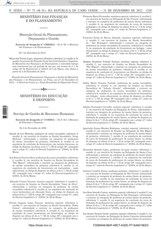 II SÉRIE — NO
75 «B. O.» DA REPÚBLICA DE CABO VERDE — 31 DE DEZEMBRO DE 2012 1245
MINISTÉRIO DAS FINANÇAS
E DO PLANEAMENTO
–––––
Direcção-Geral do Planeamento,
Orçamento e Gestão
Extracto de despacho nº 1709/2012. – De S. Exª a Ministra
das Finanças e do Planeamento:
De 7 de Dezembro de 2012:
Maria José Pereira Lopes, inspectora tributária, referência 14, escalão A, do
quadro de pessoal da Direcção-Geral das Contribuições e Impostos,
do Ministério das Finanças e do Planeamento, é concedida licença
sem vencimento por um período de um ano, nos termos do nº 1 do
artigo 48º do Decreto-Lei nº 3/2010, de 8 de Março, com efeitos a
partir de 4 de Dezembro de 2012.
Direcção-Geral do Planeamento, Orçamento e Gestão do Ministério
das Finanças e do Planeamento, na Praia, aos 27 de Dezembro de
2012. – A Directora Geral, p.s. Paula Ermelinda de Figueiredo Vieira.
––––––o§o––––––
MINISTÉRIO DA EDUCAÇÃO
E DESPORTO
––––––
Serviço de Gestão de Recursos Humanos
Extracto do despacho nº 1710/2012. – De S. Exª a Ministra
da Educação e Desporto:
De 5 de Novembro de 2008.
Alcinda da Luz Martinho, professora do ensino secundário, referência 8,
escalão A, em exercício de funções na Escola Secundária “Jorge
Barbosa”, reformulado o contrato na categoria de professora
do ensino secundário de primeira, referência 9, escalão A, na
sequência da conclusão da licenciatura, em estudos franceses, ao
abrigo do disposto na alínea e) do n.º 1 III do artigo 39º, conjugado
com o artigo 41º, todos do Decreto-Legislativo n.º 2/2004, de 29 de
Março.
Ana Helena Tavares Silva, professora do ensino secundário, referência
8, escalão A, em exercício de funções na Escola Secundária de
“São Miguel”, reformulado o contrato na categoria de professora
do ensino secundário de primeira referência 9, escalão A, na
sequência da conclusão da licenciatura em matemática - ramo
educacional, ao abrigo do disposto na alínea e) do n.º 1 III do artigo
39º, conjugado com o artigo 41º, todos do Decreto-Legislativo n.º
2/2004, de 29 de Março.
Eduardo Correia Tavares, monitor especial, referência 5, escalão C,
em exercício de funções na Escola Secundária “Amor de Deus”,
reformulado o contrato na categoria de professor do ensino
secundário referência 8, escalão A, na sequência da conclusão do
curso bacharelato em educação física, ao abrigo do disposto na
alínea d) do n.º 1 III do artigo 39º, conjugado com o artigo 41º, todos
do Decreto-Legislativo n.º 2/2004, de 29 de Março.
Fátima Augusta Lopes Tavares, monitora especial, referência 5,
escalão C, em exercício de funções na Escola Secundária “Pedro
Gomes”, reformulado o contrato na categoria de professora
do ensino secundário referência 8, escalão A, na sequência da
conclusão do curso licenciatura em ﬁsioterapia, ao abrigo do
disposto na alínea d) do n.º 1 III do artigo 39º, conjugado com o
artigo 41º, todos do Decreto-Legislativo n.º 2/2004, de 29 de Março.
Filomena Maria Fernandes, monitora especial, referência 5, escalão C,
em exercício de funções na Delegação de São Vicente, reformulado
o contrato na categoria de professora do ensino básico referência
7, escalão A, na sequência da conclusão do curso de instituto
pedagógico, ao abrigo do disposto na alínea b) do n.º 1 II do artigo
39º, conjugado com o artigo 41º, todos do Decreto-Legislativo n.º
2/2004, de 29 de Março.
Francisca Paula de Barros Almeida, monitora especial, referência
5, escalão C, em exercício de funções na Escola Secundária
de “ São Domingos”, reformulado o contrato na categoria de
professora do ensino secundário de primeira, referência 9, escalão
A, na sequência da conclusão de licenciatura em biologia - ramo
educacional, ao abrigo do disposto na alínea e) do n.º 1 III do artigo
39º, conjugado com o artigo 41º, todos do Decreto-Legislativo n.º
2/2004, de 29 de Março.
Adalgisa Humberto Furtado Ferreira, monitora especial, referência 5,
escalão C, em exercício de funções na Escola Secundária de
“São Miguel”, reformulado o contrato na categoria de professora
do ensino secundário de primeira, referência 9, escalão A, na
sequência da conclusão de licenciatura em ﬁlosoﬁa, ao abrigo do
disposto na alínea e) do n.º 1 III do artigo 39º, conjugado com o
artigo 41º, todos do Decreto-Legislativo n.º 2/2004, de 29 de Março.
Adélia Maria Teixeira Furtado, professora do ensino secundário,
referência 8, escalão A, em exercício de funções na Escola
Secundária de “Achada Grande”, reformulado o contrato na
categoria de professora do ensino secundário de primeira,
referência 9, escalão A, na sequência da conclusão de licenciatura
em biologia - ramo educacional, ao abrigo do disposto na alínea
e) do n.º 1 III do artigo 39º conjugado com o artigo 41º, todos do
Decreto-Legislativo n.º 2/2004, de 29 de Março.
Adelino Fernandes Carvalho, monitor especial, referência 5, escalão
C, em exercício de funções na Delegação da Praia, reformulado o
contrato na categoria de professor do ensino básico de primeira,
referência 7, escalão A, na sequência da conclusão do curso de
formação de professores do ensino básico, ao abrigo do disposto na
alínea b) do n.º 1 II do artigo 39º, conjugado com o artigo 41º, todos
do Decreto-Legislativo n.º 2/2004, de 29 de Março.
Agostinho Gomes Mendes Rodrigues, monitor especial, referência 5,
escalão C, em exercício de funções na Delegação de São Miguel
reformulado o contrato na categoria de professor do ensino básico
de primeira, referência 7, escalão A, na sequência da conclusão
do curso de formação de professores do ensino básico, ao abrigo
do disposto na alínea b) do n.º 1 II do artigo 39º, conjugado com o
artigo 41º, todos do Decreto-Legislativo n.º 2/2004, de 29 de Março.
Alexandra Semedo Lopes, professora de posto escolar, referência 1,
escalão A, em exercício de funções na Delegação de Santa Cruz,
reformulado o contrato na categoria de professor do ensino básico
de primeira, referência 7, escalão A, na sequência da conclusão
do curso de formação de professores do ensino básico, ao abrigo
do disposto na alínea b) do n.º 1 II do artigo 39º, conjugado com o
artigo 41º, todos do Decreto-Legislativo n.º 2/2004, de 29 de Março.
Américo Coimbra Fortes, professor primário, referência 3, escalão A,
em exercício de funções na Delegação de São Vicente reformulado
o contrato na categoria de professor do ensino básico de primeira,
referência 7, escalão A, na sequência da conclusão do curso de
formação de professores do ensino básico, ao abrigo do disposto na
alínea b) do n.º 1 II do artigo 39º, conjugado com o artigo 41º, todos
do Decreto-Legislativo n.º 2/2004, de 29 de Março.
Ana Rosa Semedo Correia, monitora especial, referência 5, escalão C, em
exercício de funções na Delegação de São Domingos, reformulado
o contrato na categoria de professor do ensino básico de primeira,
referência 7, escalão A, na sequência da conclusão do curso de
formação de professores do ensino básico, ao abrigo do disposto na
alínea b) do n.º 1 II do artigo 39º, conjugado com o artigo 41º, todos
do Decreto-Legislativo n.º 2/2004, de 29 de Março.
Ana Samira Semedo Varela, monitora especial, referência 5, escalão C, em
exercício de funções na Delegação de Santa Catarina reformulado
o contrato na categoria de professor do ensino básico de primeira,
https://kiosk.incv.cv F3598448-964F-4BC7-A3DE-7F1AA6019EE0
Documento descarregado pelo utilizador Adilson (10.8.0.12) em 02-01-2013 09:39:18.
© Todos os direitos reservados. A cópia ou distribuição não autorizada é proibida.
1637000002089
 