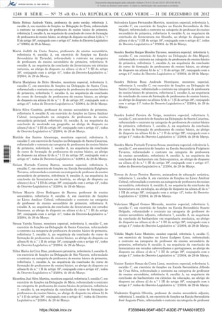 1248 II SÉRIE — NO
75 «B. O.» DA REPÚBLICA DE CABO VERDE — 31 DE DEZEMBRO DE 2012
Maria Helena Andrade Vieira, professora do posto escolar, referência 1,
escalão A, em exercício de funções na Delegação da Praia, reformulado
o contrato na categoria de professora do ensino básico de primeira,
referência 7, escalão A, na sequência da conclusão do curso de formação
de professores do ensino básico, ao abrigo do disposto na alínea b) do n.º 1
II do artigo 39º, conjugado com o artigo 41º, todos do Decreto-Legislativo
n.º 2/2004, de 29 de Março.
Maria Judith da Costa Soares, professora do ensino secundário,
referência 8, escalão A, em exercício de funções na Escola
Secundária do Tarrafal, reformulado o contrato na categoria
de professora do ensino secundário de primeira, referência 9,
escalão A, na sequência da conclusão da licenciatura em ciências
naturais, ao abrigo do disposto na alínea e) do n.º 1 III do artigo
39º, conjugado com o artigo 41º, todos do Decreto-Legislativo n.º
2/2004, de 29 de Março.
Maria Madalena de Brito Mendes, monitora especial, referência 5,
escalão C, em exercício de funções na Delegação de Santa Cruz,
reformulado o contrato na categoria de professora do ensino básico
de primeira, referência 7, escalão A, na sequência da conclusão
do curso de formação de professores do ensino básico, ao abrigo
do disposto na alínea b) do n.º 1 II do artigo 39º, conjugado com o
artigo 41º, todos do Decreto-Legislativo n.º 2/2004, de 29 de Março.
Mário Silva Gambôa, professor do ensino secundário de primeira,
referência 9, escalão A, em exercício de funções no Liceu Amilcar
Cabral, reenquadrado na categoria de professora do ensino
secundário principal, referência 10, escalão A, na sequência da
conclusão do mestrado em geograﬁa, ao abrigo do disposto na
alínea f) do n.º 1 III do artigo 39º, conjugado com o artigo 41º, todos
do Decreto-Legislativo n.º 2/2004, de 29 de Março.
Matilde dos Santos Alvarenga, monitora especial, referência 5,
escalão C, em exercício de funções na Delegação de Santa Catarina,
reformulado o contrato na categoria de professora do ensino básico
de primeira, referência 7, escalão A, na sequência da conclusão
do curso de formação de professores do ensino básico, ao abrigo
do disposto na alínea b) do n.º 1 II do artigo 39º, conjugado com o
artigo 41º, todos do Decreto-Legislativo n.º 2/2004, de 29 de Março.
Nelson Furtado Correia Barros, monitor especial, referência 5,
escalão C, em exercício de funções na Escola Secundária Fulgêncio
Tavares, reformulado o contrato na categoria de professor do ensino
secundário de primeira, referência 9, escalão A, na sequência da
conclusão da licenciatura em história, ao abrigo do disposto na
alínea e) do n.º 1 III do artigo 39º, conjugado com o artigo 41º, todos
do Decreto-Legislativo n.º 2/2004, de 29 de Março.
Nelson Mauris Alves Rodrigues de Barros, professor do ensino
secundário, referência 8, escalão A, em exercício de funções
no Liceu Amilcar Cabral, reformulado o contrato na categoria
de professor do ensino secundário de primeira, referência 9,
escalão A, na sequência da conclusão da licenciatura em estudos
franceses, ao abrigo do disposto na alínea e) do n.º 1 III do artigo
39º, conjugado com o artigo 41º, todos do Decreto-Legislativo n.º
2/2004, de 29 de Março.
Neusa Varela Nunes, monitora especial, referência 5, escalão C, em
exercício de funções na Delegação de Santa Catarina, reformulado
o contrato na categoria de professora do ensino básico de primeira,
referência 7, escalão A, na sequência da conclusão do curso de
formação de professores do ensino básico, ao abrigo do disposto na
alínea b) do n.º 1 II do artigo 39º, conjugado com o artigo 41º, todos
do Decreto-Legislativo n.º 2/2004, de 29 de Março.
Nilza Maria da Cruz Dias, professora primária, referência 3, escalão A,
em exercício de funções na Delegação de São Vicente, reformulado
o contrato na categoria de professora do ensino básico de primeira,
referência 7, escalão A, na sequência da conclusão do curso de
formação de professores do ensino básico, ao abrigo do disposto na
alínea b) do n.º 1 II do artigo 39º, conjugado com o artigo 41º, todos
do Decreto-Legislativo n.º 2/2004, de 29 de Março.
Ricardina José Silva Martins, monitora especial, referência 5, escalão C, em
exercício de funções na Delegação do Maio, reformulado o contrato
na categoria de professora do ensino básico de primeira, referência
7, escalão A, na sequência da conclusão do curso de formação de
professores do ensino básico, ao abrigo do disposto na alínea b) do
n.º 1 II do artigo 39º, conjugado com o artigo 41º, todos do Decreto-
Legislativo n.º 2/2004, de 29 de Março.
Salvadora Lopes Fernandes Moreira, monitora especial, referência 5,
escalão C, em exercício de funções na Escola Secundária de São
Miguel, reformulado o contrato na categoria de professor do ensino
secundário de primeira, referência 9, escalão A, na sequência da
conclusão da licenciatura em ﬁlosoﬁa, ao abrigo do disposto na
alínea e) do n.º 1 III do artigo 39º, conjugado com o artigo 41º, todos
do Decreto-Legislativo n.º 2/2004, de 29 de Março.
Sandra Basília Borges Mendes Tavares, monitora especial, referência 5,
escalão C, em exercício de funções na Delegação de São Miguel,
reformulado o contrato na categoria de professora do ensino básico
de primeira, referência 7, escalão A, na sequência da conclusão
do curso de formação de professores do ensino básico, ao abrigo
do disposto na alínea b) do n.º 1 II do artigo 39º, conjugado com o
artigo 41º, todos do Decreto-Legislativo n.º 2/2004, de 29 de Março.
Sandra Helena Rosa Andrade Henriques, monitora especial,
referência 5, escalão C, em exercício de funções na Delegação de
Santa Catarina, reformulado o contrato na categoria de professora
do ensino básico de primeira, referência 7, escalão A, na sequência
da conclusão do curso de formação de professores do ensino básico,
ao abrigo do disposto na alínea b) do n.º 1 II do artigo 39º, conjugado
com o artigo 41º, todos do Decreto-Legislativo n.º 2/2004, de 29 de
Março.
Sandra Isabel Pereira da Veiga, monitora especial, referência 5,
escalão C, em exercício de funções na Delegação de Santa Catarina,
reformulado o contrato na categoria de professora do ensino básico
de primeira, referência 7, escalão A, na sequência da conclusão
do curso de formação de professores do ensino básico, ao abrigo
do disposto na alínea b) do n.º 1 II do artigo 39º, conjugado com o
artigo 41º, todos do Decreto-Legislativo n.º 2/2004, de 29 de Março.
Sandra Maria Furtado Tavares Sousa, monitora especial, referência 5,
escalão C, em exercício de funções na Escola Secundária Fulgêncio
Tavares, reformulado o contrato na categoria de professora
do ensino secundário, referência 8, escalão A, na sequência da
conclusão da bacharelato em físico-quimica, ao abrigo do disposto
na alínea d) do n.º 1 III do artigo 39º, conjugado com o artigo 41º,
todos do Decreto-Legislativo n.º 2/2004, de 29 de Março.
Teresa de Jesus Pereira Barreto, animadora de educação artística,
referência 7, escalão A, em exercício de funções no Liceu Amilcar
Cabral, reformulado o contrato na categoria de professora do ensino
secundário, referência 8, escalão A, na sequência da conclusão da
licenciatura em sociologia, ao abrigo do disposto na alínea d) do n.º
1 III do artigo 39º, conjugado com o artigo 41º, todos do Decreto-
Legislativo n.º 2/2004, de 29 de Março.
Valeriano Miguel Gomes Miranda, monitor especial, referência 5,
escalão C, em exercício de funções na Escola Secundária Suzete
Delgado, reformulado o contrato na categoria de professor do
ensino secundário adjunto, referência 7, escalão A, na sequência
da conclusão do bacharelato em engenharia mecânica, ao abrigo
do disposto na alínea a) do n.º 1 III do artigo 39º, conjugado com o
artigo 41º, todos do Decreto-Legislativo n.º 2/2004, de 29 de Março.
Valódia Magdo Lima Monteiro, monitor especial, referência 5, escalão C,
em exercício de funções no Liceu Ludgero Lima, reformulado
o contrato na categoria de professor do ensino secundário de
primeira, referência 9, escalão A, na sequência da conclusão da
licenciatura em estudos caboverdianos e portugueses, ao abrigo do
disposto na alínea e) do n.º 1 III do artigo 39º, conjugado com o
artigo 41º, todos do Decreto-Legislativo n.º 2/2004, de 29 de Março.
Vanise Eunice Simas da Costa Lima, monitora especial, referência 5,
escalão C, em exercício de funções na Escola Secundária Alfredo
da Cruz Silva, reformulado o contrato na categoria de professor
do ensino secundário, referência 8, escalão A, na sequência da
conclusão do bacharelato em ciências da educação, ao abrigo do
disposto na alínea d) do n.º 1 III do artigo 39º, conjugado com o
artigo 41º, todos do Decreto-Legislativo n.º 2/2004, de 29 de Março.
Vlademiro Eugénio Oliveira, professor do ensino secundário adjunto,
referência 7, escalão A, em exercício de funções na Escola Secundária
José Augusto Pinto, reformulado o contrato na categoria de professor
https://kiosk.incv.cv F3598448-964F-4BC7-A3DE-7F1AA6019EE0
Documento descarregado pelo utilizador Adilson (10.8.0.12) em 02-01-2013 09:39:18.
© Todos os direitos reservados. A cópia ou distribuição não autorizada é proibida.
1637000002089
 