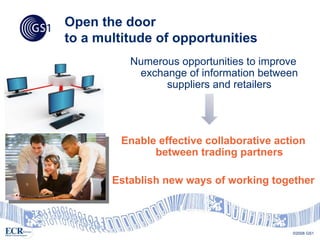 Open the door
to a multitude of opportunities
          Numerous opportunities to improve
           exchange of information between
                suppliers and retailers




         Enable effective collaborative action
               between trading partners

       Establish new ways of working together



                                           ©2008 GS1
 