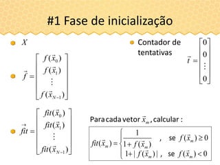 #1 Fase de inicialização
X













 )(
)(
)(
1
1
0
Nxf
xf
xf
f












0)(|)(|1
0)(
)(1
1
)(
mm
m
mm
xfxf
xf
xfxfit



se,
se,
:calcular,vetorcadaPara mx
















)(
)(
)(
1
1
0
Nxfit
xfit
xfit
fit

















0
0
0


t
Contador de
tentativas
 