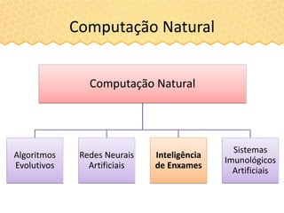 Computação Natural
Computação Natural
Algoritmos
Evolutivos
Redes Neurais
Artificiais
Inteligência
de Enxames
Sistemas
Imunológicos
Artificiais
 
