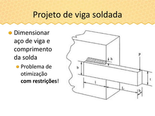 Projeto de viga soldada
Dimensionar
aço de viga e
comprimento
da solda
Problema de
otimização
com restrições!
 