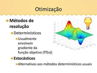 Otimização
Métodos de
resolução
Determinísticos
Usualmente
envolvem
gradiente da
função objetivo (∇f(x))
Estocásticos
Alternativos aos métodos determinísticos usuais
 