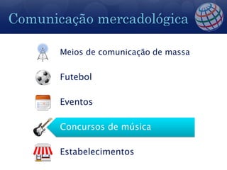 Comunicação mercadológica
Meios de comunicação de massa
Futebol
Eventos
Concursos de música
Estabelecimentos
 