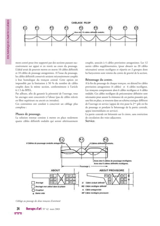 ment centré pour être supporté par des sections passant suc-
cessivement sur appui et en travée au cours du poussage.
L’idéal serait de pouvoir mettre en œuvre 10 câbles définitifs
et 10 câbles de poussage antagonistes. A l’issue du poussage,
les câbles définitifs conservés seraient nécessairement couplés
à leur homologue du tronçon central. Cette option est
impossible par la limitation à 50 % du nombre de câbles
couplés dans la même section, conformément à l’article
6.1.5 du BPEL.
Par ailleurs, afin de garantir la pérennité de l’ouvrage, tous
les ancrages sont concentrés à l’about (pas de câbles relevés
en fibre supérieure ou ancrés en intrados).
Ces contraintes ont conduit à concevoir un câblage plus
complexe :
Phases de poussage.
La solution retenue consiste à mettre en place seulement
quatre câbles définitifs ondulés qui seront ultérieurement
couplés, associés à 4 câbles provisoires antagonistes. Les 12
autres câbles supplémentaires, (pour aboutir au 20 câbles
nécessaires) seront rectilignes et répartis en 2 groupes dont
les barycentres sont voisins du centre de gravité de la section.
Bétonnage du centre.
A la fin du poussage de chaque tronçon, on détend les câbles
provisoires antagonistes (4 câbles) et 6 câbles rectilignes.
Les tronçons comprennent alors 6 câbles rectilignes et 4 câbles
ondulés. Ces câbles rectilignes de précontrainte définitive sont
nécessaires pour assurer la résistance de ces parties poussées qui,
une fois en place, se trouvent dans un schéma statique différent
de l’ouvrage en service (appui de rive pour la 2ème
pile en fin
de poussage et pendant le bétonnage de la partie centrale,
appui intermédiaire en service).
La partie centrale est bétonnée sur le cintre, sans restriction
de circulation des voies adjacentes.
Service.
TECNHNIQUES
PARTICULIÈRES
24 Ouvrages d’art N° 42 mars 2003
Câblage au poussage des deux tronçons d’extrémité
 