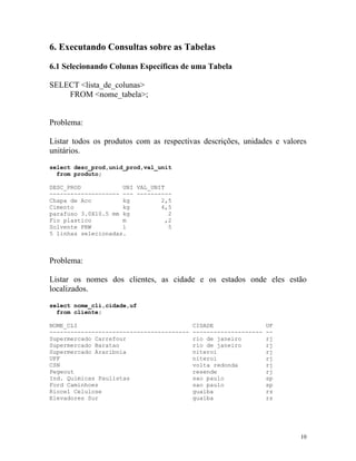 6. Executando Consultas sobre as Tabelas
6.1 Selecionando Colunas Específicas de uma Tabela
SELECT <lista_de_colunas>
FROM <nome_tabela>;

Problema:
Listar todos os produtos com as respectivas descrições, unidades e valores
unitários.
select desc_prod,unid_prod,val_unit
from produto;
DESC_PROD
UNI VAL_UNIT
-------------------- --- ---------Chapa de Aco
kg
2,5
Cimento
kg
4,5
parafuso 3.0X10.5 mm kg
2
Fio plastico
m
,2
Solvente PRW
l
5
5 linhas selecionadas.

Problema:
Listar os nomes dos clientes, as cidade e os estados onde eles estão
localizados.
select nome_cli,cidade,uf
from cliente;
NOME_CLI
---------------------------------------Supermercado Carrefour
Supermercado Baratao
Supermercado Arariboia
UFF
CSN
Pegeout
Ind. Quimicas Paulistas
Ford Caminhoes
Riocel Celulose
Elevadores Sur

CIDADE
-------------------rio de janeiro
rio de janeiro
niteroi
niteroi
volta redonda
resende
sao paulo
sao paulo
guaiba
guaiba

UF
-rj
rj
rj
rj
rj
rj
sp
sp
rs
rs

10

 