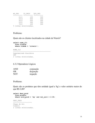 NO_PED
CD_PROD
QTD_PED
---------- ---------- ---------2111
100
500
2113
500
500
4112
500
500
5111
300
500
7111
100
500
5 linhas selecionadas.

Problema:
Quais são os clientes localizados na cidade de Niterói?
select nome_cli
from cliente
where cidade = 'niteroi';
NOME_CLI
---------------------------------------Supermercado Arariboia
UFF
2 linhas selecionadas.

6.3.2 Operadores Lógicos
AND
OR
NOT

conjunção
disjunção
negação

Problema:
Quais são os produtos que têm unidade igual a 'kg' e valor unitário maior do
que R$ 2,00?
select desc_prod
from produto
where unid_prod = 'kg' and val_unit > 2.00;
DESC_PROD
-------------------Chapa de Aco
Cimento
2 linhas selecionadas.

14

 