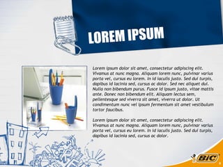 LOREM IPSUM Lorem ipsum dolor sit amet, consectetur adipiscing elit. Vivamus at nunc magna. Aliquam lorem nunc, pulvinar varius porta vel, cursus eu lorem. In id iaculis justo. Sed dui turpis, dapibus id lacinia sed, cursus ac dolor. Sed nec aliquet dui. Nulla non bibendum purus. Fusce id ipsum justo, vitae mattis ante. Donec non bibendum elit. Aliquam lectus sem, pellentesque sed viverra sit amet, viverra ut dolor. Ut condimentum nunc vel ipsum fermentum sit amet vestibulum tortor faucibus. Lorem ipsum dolor sit amet, consectetur adipiscing elit. Vivamus at nunc magna. Aliquam lorem nunc, pulvinar varius porta vel, cursus eu lorem. In id iaculis justo. Sed dui turpis, dapibus id lacinia sed, cursus ac dolor.  