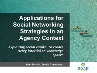 Applications for
  Social Networking
    Strategies in an
    Agency Context
exploiting social capital to create
     richly interlinked knowledge
                             spaces

          John Brisbin, Senior Consultant