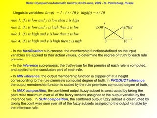 Baltic Olympiad on Automatic Control, 03-05 June, 2002 - St. Petersburg, Russia

Linguistic variables: low(t) = 1 - ( t / 10 ); high(t) = t / 10

rule 1: if x is low and y is low then z is high
rule 2: if x is low and y is high then z is low

LOW

HIGH

rule 3: if x is high and y is low then z is low
rule 4: if x is high and y is high then z is high

0

10

- In the fuzzification sub-process, the membership functions defined on the input
variables are applied to their actual values, to determine the degree of truth for each rule
premise.
- In the inference sub-process, the truth-value for the premise of each rule is computed,
and applied to the conclusion part of each rule.
- In MIN inference, the output membership function is clipped off at a height
corresponding to the rule premise's computed degree of truth. In PRODUCT inference,
the output membership function is scaled by the rule premise's computed degree of truth.
- In MAX composition, the combined output fuzzy subset is constructed by taking the
point wise maximum over all of the fuzzy subsets assigned to the output variable by the
inference rule. In SUM composition, the combined output fuzzy subset is constructed by
taking the point wise sum over all of the fuzzy subsets assigned to the output variable by
the inference rule.

 