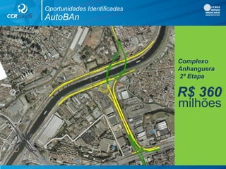 R$ 360
milhões
Oportunidades Identificadas
AutoBAn
Complexo
Anhanguera
2ª Etapa
 