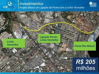 Investimentos
Projeto Básico de Ligação da Ponte com a Linha Vermelha
Ponte Rio-Niterói
Linha
Vermelha
Ligação Ponte-
Linha Vermelha
R$ 205
milhões
 