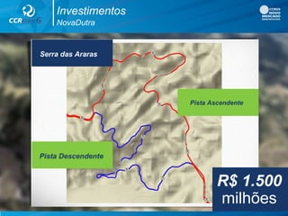 Atual Pista
Descendente
Investimentos
NovaDutra
Pista Ascendente
Serra das Araras
Pista Descendente
R$ 1.500
milhões
 
