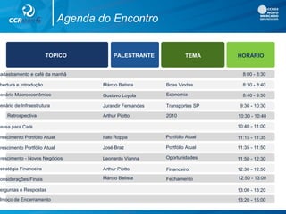 Agenda do Encontro
TÓPICO PALESTRANTE TEMA HORÁRIO
Cadastramento e café da manhã 8:00 - 8:30
bertura e Introdução Márcio Batista Boas Vindas 8:30 - 8:40
Retrospectiva Arthur Piotto 2010
8:40 - 9:30Cenário Macroeconômico
Jurandir Fernandes Transportes SP 9:30 - 10:30
ausa para Café 10:40 - 11:00
Crescimento Portfólio Atual 11:15 - 11:35
Cenário de Infraestrutura
Economia
10:30 - 10:40
Crescimento Portfólio Atual 11:35 - 11:50
stratégia Financeira Arthur Piotto Financeiro 12:30 - 12:50
erguntas e Respostas 13:00 - 13:20
lmoço de Encerramento 13:20 - 15:00
Crescimento - Novos Negócios Leonardo Vianna 11:50 - 12:30
Gustavo Loyola
Considerações Finais Márcio Batista Fechamento
Portfólio AtualJosé Braz
Oportunidades
Italo Roppa
12:50 - 13:00
Portfólio Atual
 