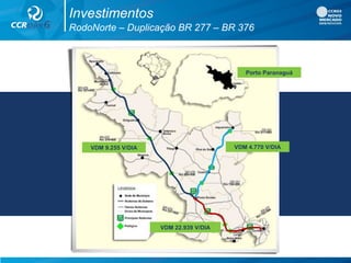 Investimentos
RodoNorte – Duplicação BR 277 – BR 376
VDM 4.770 V/DIAVDM 9.255 V/DIA
VDM 22.939 V/DIA
Porto Paranaguá
 