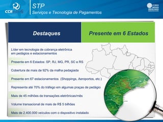 STP
Serviços e Tecnologia de Pagamentos
Destaques Presente em 6 Estados
Líder em tecnologia de cobrança eletrônica
em pedágios e estacionamentos
Presente em 6 Estados: SP, RJ, MG, PR, SC e RS
Cobertura de mais de 92% da malha pedagiada
Presente em 67 estacionamentos (Shoppings, Aeroportos, etc.)
Representa até 70% do tráfego em algumas praças de pedágio
Mais de 45 milhões de transações eletrônicas/mês
Volume transacional de mais de R$ 5 bilhões
Mais de 2.400.000 veículos com o dispositivo instalado
 
