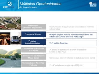 Concessões de Rodovias
São Paulo 3ª rodada de concessões a serem leiloadas no
Estado de São Paulo
Concessões de Rodovias
Minas Gerais Concessões a serem licitadas no Estado de Minas Gerais
Concessões de Rodovias
Federais 3ª e 4ª rodadas esperadas para 2010 / 2011
Projetos
Copa/Olimpíadas VLT, Metrôs, Rodovias
Transporte Urbano Múltiplos projetos no País, incluindo metrôs / trens nas
cidades de Curitiba, Brasília e Porto Alegre
Consolidação
(Mercado Secundário)
Oportunidades de aquisição de concessões de rodovias
selecionadas
de Investimento
Múltiplas Oportunidades
 