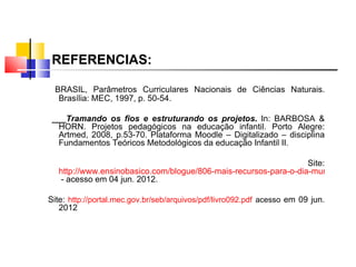REFERÊNCIAS:

 BRASIL, Parâmetros Curriculares Nacionais de Ciências Naturais.
  Brasília: MEC, 1997, p. 50-54.

 ___Tramando os fios e estruturando os projetos. In: BARBOSA &
  HORN. Projetos pedagógicos na educação infantil. Porto Alegre:
  Artmed, 2008, p.53-70. Plataforma Moodle – Digitalizado – disciplina
  Fundamentos Teóricos Metodológicos da educação Infantil II.

                                                                 Site:
  http://www.ensinobasico.com/blogue/806-mais-recursos-para-o-dia-mundial-da a
  - acesso em 04 jun. 2012.

Site: http://portal.mec.gov.br/seb/arquivos/pdf/livro092.pdf acesso em 09 jun.
   2012
 