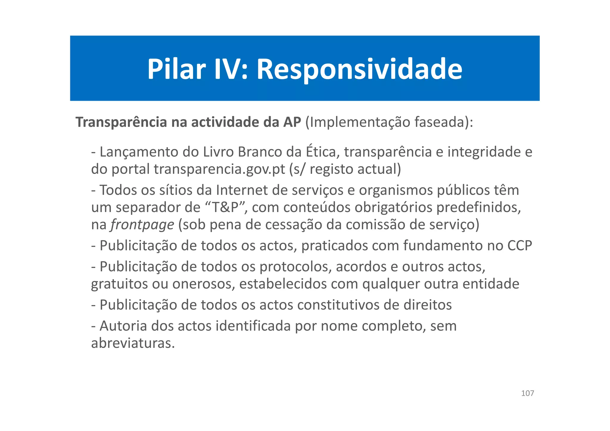 Introdução: interoperabilidade (II)
• Neste âmbito, necessidade de uma Governação multinível (que
responda à dependência externa, “europeização” da política
interna, ao fenómeno universal e fragmentado da globalização, da
integração regional supranacional e da descentralização local)
– Delimitar o interesse público, discriminar positivamente a inclusividade e
cidadania, organizar os interesses difusos, modos inovadores de
administrar bens comuns e bens públicos
– Diferenciar processos, técnicas e métodos de acordo com as funções e
destinatários (clientes/cidadãos)
– Governo central prospectivo, planeador, normativo, regulador, inspectivo
(funções que combatem a excessiva centralização e o corporativismo ministerial, e o descontrolo local e
demais agentes)
– Governação integrada e contínua (excessiva ocorrência de políticas “stop and go”, “one shot”,
“pseudo-renovatórias, entre outras)
22
 