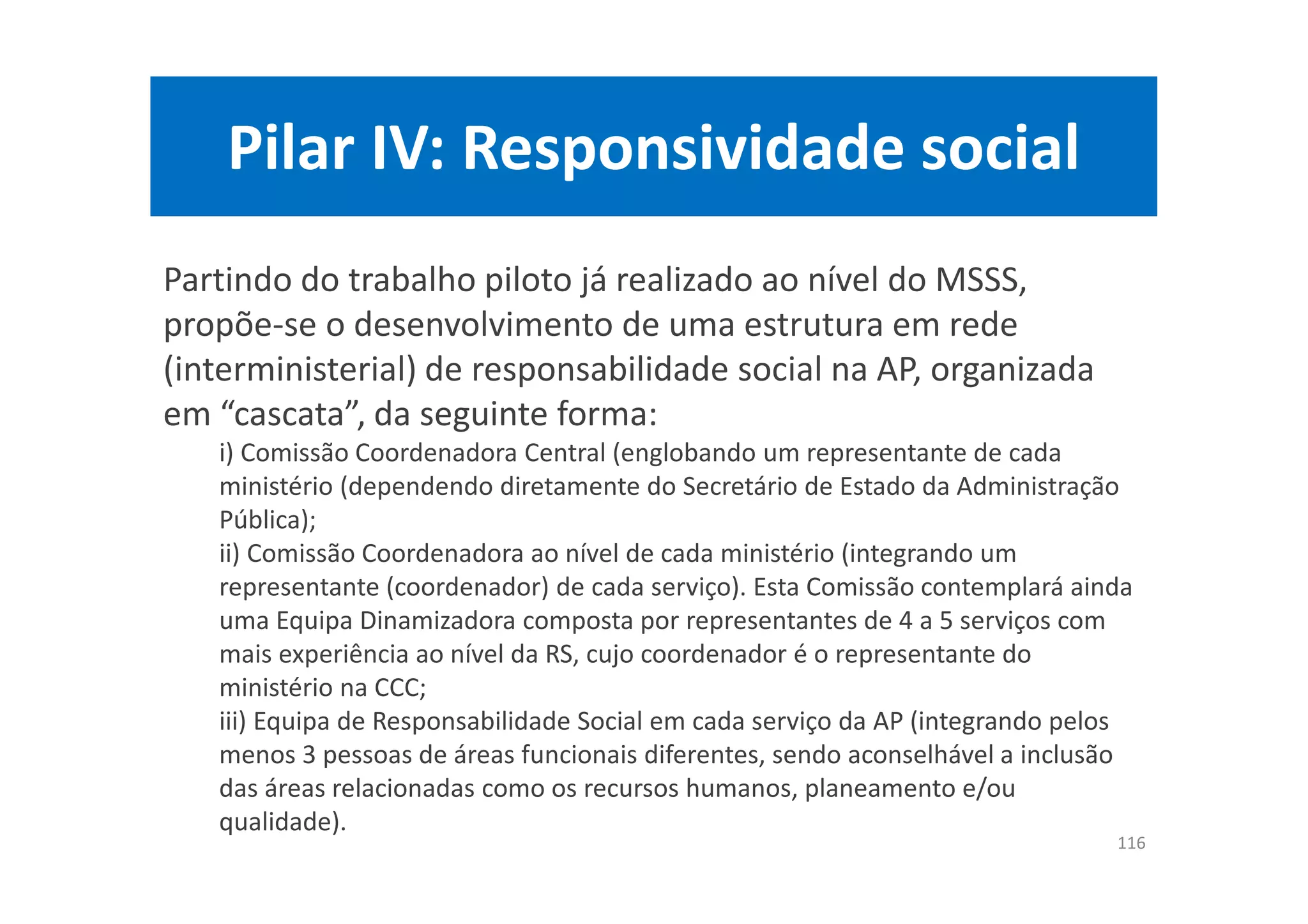 Pilar IV: Responsividade social
116
Partindo do trabalho piloto já realizado ao nível do MSSS,
propõe-se o desenvolvimento de uma estrutura em rede
(interministerial) de responsabilidade social na AP, organizada
em “cascata”, da seguinte forma:
i) Comissão Coordenadora Central (englobando um representante de cada
ministério (dependendo diretamente do Secretário de Estado da Administração
Pública);
ii) Comissão Coordenadora ao nível de cada ministério (integrando um
representante (coordenador) de cada serviço). Esta Comissão contemplará ainda
uma Equipa Dinamizadora composta por representantes de 4 a 5 serviços com
mais experiência ao nível da RS, cujo coordenador é o representante do
ministério na CCC;
iii) Equipa de Responsabilidade Social em cada serviço da AP (integrando pelos
menos 3 pessoas de áreas funcionais diferentes, sendo aconselhável a inclusão
das áreas relacionadas como os recursos humanos, planeamento e/ou
qualidade).
 