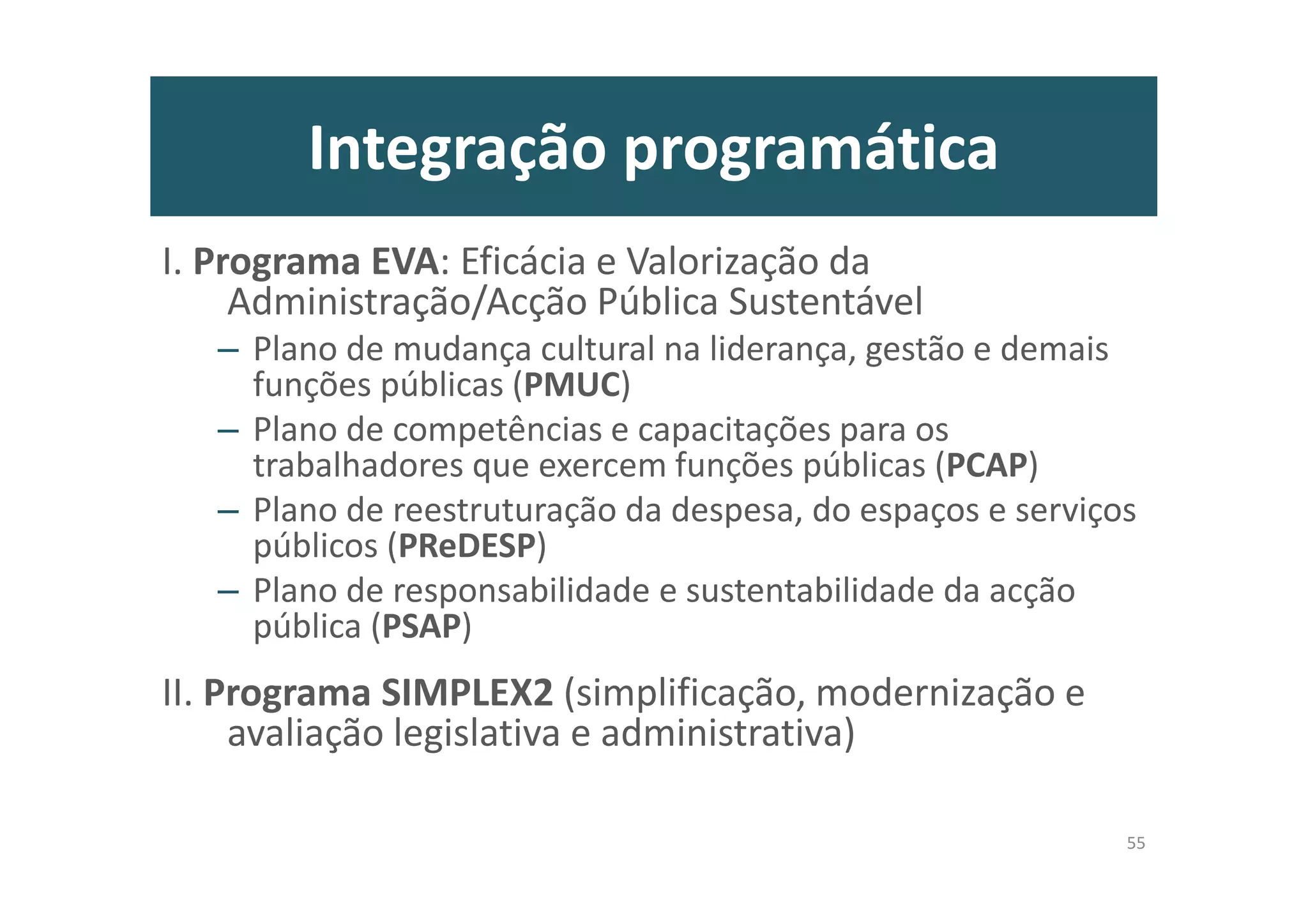 Visão integrada do Programa: quais os maiores problemas/desafios de
Portugal e quais as melhores políticas, hoje? (em estudo e actualização)
12
• Programa “Boa
Governação” (“reformas” do
“estado”, sector público, órgãos de
soberania, instituições públicas e
políticas, partidos, políticas públicas e
relação estado-mercado-sociedade
civil)
•Posicionamento radical do País à Globalização e na
política externa (fiscal, educação, justiça, I&D, ambiental,
energético, conectividade, mobilidade, inglês ), e “better
life” (bem-estar e felicidade)
•“O País da Economia “azul” (a “verde” será brevemente
ultrapassada)
•PT: Plataforma giratória de turismo e negócios mundial
(business/better life friendly)
•Políticas de Economia Criativa
• Autonomia energética sustentável
•Criar uma Marca e um Marketing Agressivos e estáveis
para Portugal (com jovens, profissionais e séniores)
•Fiscalidade laboral condicionada
•Ecossistemas organizacionais e associativos de
produtividade e felicidade
•Empregabilidade e políticas de trabalho (mais que
de emprego)
•Mutualismo e cooperativismo
•Empreendedorismo e economia social, cívica e
comunitária
•Envelhecimento activo e fomento da natalidade
•Direitos sociais mínimos e forte
iii(concertação social
• Economia laboral “azul”
• Benefícios “políticos” reduzidos à condição de
recursos
•Reduzir dívida pública (90% do PIB) e endividamento
em 4 anos. Como? Exemplos de caminhos:
• Gerar novas fontes de financiamento - Programa de
valorização e multiplicação da riqueza, rendimentos e
activos nacionais (mar, minérios, património, língua,
legística, capital humano e social, segurança, turismo,
floresta) e
• Criação de um fundo soberano sobre recursos geo-
marinhos
• Estratégia nacional de combate à importação (apoio à
produção nacional de bens e serviços importados)
• Regra obrigatória da condicionalidade de toda a acção
pública (políticas de “contrapartidas”-obras com custo
zero para o Estado))
• Plano anti-economia “paralela e informal”
•Renegociação sinalagmática dos prazos e juros(dívida)
• Política de redução dos custos de vida e aumento da
qualidade de vida
Endividamento
Externo
Desemprego
/Estado Social
“Governação”/
/Instituições
Competitividade/
Globalização
 
