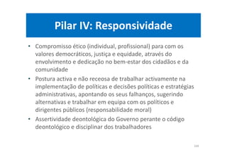 Pilar IV: Responsividade
• Compromisso ético (individual, profissional) para com os
valores democráticos, justiça e equidade, através do
envolvimento e dedicação no bem-estar dos cidadãos e da
comunidade
• Postura activa e não receosa de trabalhar activamente na
implementação de políticas e decisões políticas e estratégias
administrativas, apontando os seus falhanços, sugerindo
alternativas e trabalhar em equipa com os políticos e
dirigentes públicos (responsabilidade moral)
• Assertividade deontológica do Governo perante o código
deontológico e disciplinar dos trabalhadores
104
 