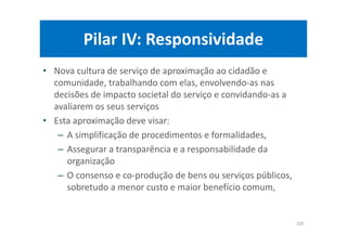 Pilar IV: Responsividade
• Nova cultura de serviço de aproximação ao cidadão e
comunidade, trabalhando com elas, envolvendo-as nas
decisões de impacto societal do serviço e convidando-as a
avaliarem os seus serviços
• Esta aproximação deve visar:
– A simplificação de procedimentos e formalidades,
– Assegurar a transparência e a responsabilidade da
organização
– O consenso e co-produção de bens ou serviços públicos,
sobretudo a menor custo e maior benefício comum,
105
 