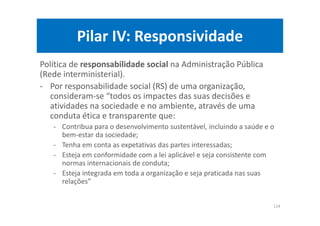 Pilar IV: Responsividade
Política de responsabilidade social na Administração Pública
(Rede interministerial).
- Por responsabilidade social (RS) de uma organização,
consideram-se “todos os impactes das suas decisões e
atividades na sociedade e no ambiente, através de uma
conduta ética e transparente que:
- Contribua para o desenvolvimento sustentável, incluindo a saúde e o
bem-estar da sociedade;
- Tenha em conta as expetativas das partes interessadas;
- Esteja em conformidade com a lei aplicável e seja consistente com
normas internacionais de conduta;
- Esteja integrada em toda a organização e seja praticada nas suas
relações”
114
 