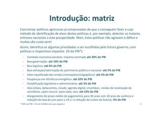 Introdução: matriz
Concretizar políticas agressivas já comprovadas de que o conseguem fazer e cujo
método de identificação de alvos destas políticas é, por exemplo, detectar os maiores
entraves nacionais a esta prosperidade. Mais, estas políticas não agravam o défice e
muitas são custo-zero!
Assim, identifica-se algumas prioridades a ser escolhidas pelo futuro governo, com
políticas e respectivos impactos (% do PIB*):
- Combate economia paralela: impacto estimado até 30% do PIB
- Boa governação: até 10% do PIB
- Boa legística: até 6% do PIB
- Boa utilização/valorização do património público e nacional: até 5% do PIB
- Valor equilibrado das rendas (monopólios/oligopólios): até 5% do PIB
- Poupanças em eficiência energética: até 10% do PIB
- Simplificação legislativa e administrativa: até 3% do PIB
- iGov (eGov, datacentres, clouds, agenda digital, smartdocs, rendas de localização de
servidores, open-source, open-data, etc): até 10% do PIB
- Alargamento do prazo médio de pagamentos para 30 anos com 10 anos de carência e
redução da taxa de juro para 1,1% (= à redução de custos da Grécia): 9% do PIB
* 10% do PIB = 16 mil milhões de euros (aprox.) 15
 