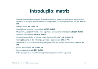 Introdução: matriz
- Políticas inteligentes intangíveis de mera intervenção do estado: legislativa, administrativa,
cedência de espaços, de contrapartidas com privados, co-produção pública, etc: até 30% do
PIB
- Diálogo social: até 5% do PIB
- Igualdade de género e inclusividade: até 6% do PIB
- Mutualismo, cooperativismo e criar regime de “empresarialismo social”: até 20% do PIB
- Inovação social radical: até 10% do PIB
- Estado-empreendedor e “people crowd-founding friendly”: até 10% do PIB
- Formação avançada das lideranças (privado e público): até 10% do PIB
- Maximização na utilização estratégica e operacional dos fundos comunitários: até 20% do
PIB
- Custos de contexto: até 10% do PIB
- Economia paralela: até 25% do PIB
- Entre outros que se encontram nas propostas dos diapositivos seguintes
* 10% do PIB = 16 mil milhões de euros (aprox.) 16
 