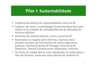 Pilar I: Sustentabilidade
Implementar política de responsabilidade social na AP
Explorar, por teste, a metodologia Orçamento Base Zero para
avaliar se os modelos de avaliação/decisão de afectação de
recursos públicos
Aumento do controlo externo, cívico e social da AP
Racionalizar as regalias (pré-reformas, reservas, etc) e
pensões elevadas de funcionários de certos organismos
públicos, mormente Banco de Portugal, Caixa Geral de
Depósitos, Tribunal Constitucional, diplomatas, militares,
• Os carros de estado devem estar adjudicados ás instituições e
não aos titulares, ainda que estes possam ter preferência
61
 
