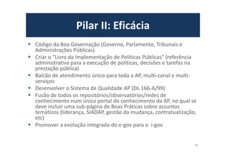 Pilar II: Eficácia
Código da Boa Governação (Governo, Parlamento, Tribunais e
Administrações Públicas)
Criar o “Livro da Implementação de Políticas Públicas” (referência
administrativa para a execução de políticas, decisões e tarefas na
prestação pública)
Balcão de atendimento único para toda a AP, multi-canal e multi-
serviços
Desenvolver o Sistema de Qualidade AP (DL 166-A/99)
Fusão de todos os repositórios/observatórios/redes de
conhecimento num único portal do conhecimento da AP, no qual se
deve incluir uma sub-página de Boas Práticas sobre assuntos
temáticos (liderança, SIADAP, gestão da mudança, contratualização,
etc)
Promover a evolução integrada do e-gov para o i-gov
66
 
