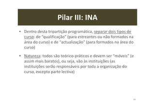 Pilar III: INA
• Dentro desta tripartição programática, separar dois tipos de
curso: de “qualificação” (para estreantes ou não formados na
área do curso) e de “actualização” (para formados na área do
curso)
• Natureza: todos são teórico-práticos e devem ser “móveis” (e
assim mais baratos), ou seja, vão às instituições (as
instituições serão responsáveis por toda a organização do
curso, excepto parte lectiva)
84
 