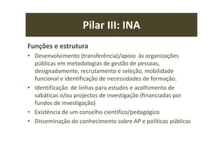 Pilar III: INA
Funções e estrutura
• Desenvolvimento (transferência)/apoio às organizações
públicas em metodologias de gestão de pessoas,
designadamente, recrutamento e seleção, mobilidade
funcional e identificação de necessidades de formação.
• Identificação de linhas para estudos e acolhimento de
sabáticas o/ou projectos de investigação (financiadas por
fundos de investigação)
• Existência de um conselho científico/pedagógico
• Disseminação do conhecimento sobre AP e políticas públicas
 