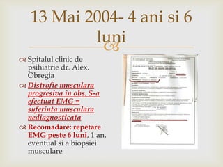 13 Mai 2004- 4 anisi 6 luniSpitalul clinic de psihiatrie dr. Alex. ObregiaDistrofiemuscularaprogresiva in obs. S-a efectuat EMG = suferintamuscularanediagnosticataRecomadare: repetare EMG peste 6 luni, 1 an, eventual si a biopsieimusculare