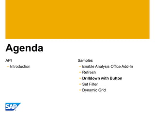 Agenda
API              Samples
 Introduction    Enable Analysis Office Add-In
                  Refresh
                  Drilldown with Button
                  Set Filter
                  Dynamic Grid
 