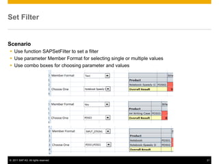 Set Filter


Scenario
 Use function SAPSetFilter to set a filter
 Use parameter Member Format for selecting single or multiple values
 Use combo boxes for choosing parameter and values




© 2011 SAP AG. All rights reserved.                                     21
 