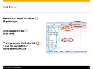 Set Filter


Use second sheet for values
(Input range)



And selected index
(Cell link)



Transform selected index into
value for SAPSetFilter
using formula INDEX




© 2011 SAP AG. All rights reserved.   23
 