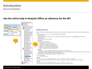 Introduction
Documentation


Use the online help in Analysis Office as reference for the API




© 2011 SAP AG. All rights reserved.                               4
 