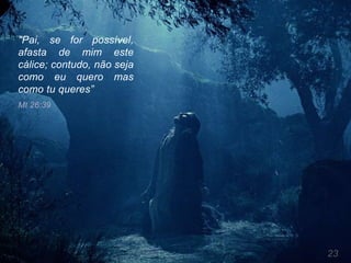23
"Pai, se for possível,
afasta de mim este
cálice; contudo, não seja
como eu quero mas
como tu queres”
Mt 26:39
 