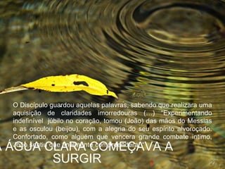 A ÁGUA CLARA COMEÇAVA A
SURGIR 27
O Discípulo guardou aquelas palavras, sabendo que realizara uma
aquisição de claridades imorredouras (…) “Experimentando
indefinível júbilo no coração, tomou (João) das mãos do Messias
e as osculou (beijou), com a alegria do seu espírito alvoroçado.
Confortado, como alguém que vencera grande combate intimo,
João sentiu que finalmente compreendera. “
 