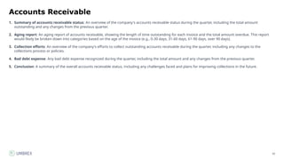 20
Accounts Receivable
1. Summary of accounts receivable status: An overview of the company's accounts receivable status during the quarter, including the total amount
outstanding and any changes from the previous quarter.
2. Aging report: An aging report of accounts receivable, showing the length of time outstanding for each invoice and the total amount overdue. This report
would likely be broken down into categories based on the age of the invoice (e.g., 0-30 days, 31-60 days, 61-90 days, over 90 days).
3. Collection efforts: An overview of the company's efforts to collect outstanding accounts receivable during the quarter, including any changes to the
collections process or policies.
4. Bad debt expense: Any bad debt expense recognized during the quarter, including the total amount and any changes from the previous quarter.
5. Conclusion: A summary of the overall accounts receivable status, including any challenges faced and plans for improving collections in the future.
 