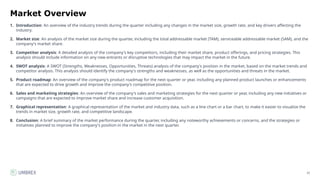 33
Market Overview
1. Introduction: An overview of the industry trends during the quarter including any changes in the market size, growth rate, and key drivers affecting the
industry.
2. Market size: An analysis of the market size during the quarter, including the total addressable market (TAM), serviceable addressable market (SAM), and the
company's market share.
3. Competitor analysis: A detailed analysis of the company's key competitors, including their market share, product offerings, and pricing strategies. This
analysis should include information on any new entrants or disruptive technologies that may impact the market in the future.
4. SWOT analysis: A SWOT (Strengths, Weaknesses, Opportunities, Threats) analysis of the company's position in the market, based on the market trends and
competitor analysis. This analysis should identify the company's strengths and weaknesses, as well as the opportunities and threats in the market.
5. Product roadmap: An overview of the company's product roadmap for the next quarter or year, including any planned product launches or enhancements
that are expected to drive growth and improve the company's competitive position.
6. Sales and marketing strategies: An overview of the company's sales and marketing strategies for the next quarter or year, including any new initiatives or
campaigns that are expected to improve market share and increase customer acquisition.
7. Graphical representation: A graphical representation of the market and industry data, such as a line chart or a bar chart, to make it easier to visualize the
trends in market size, growth rate, and competitive landscape.
8. Conclusion: A brief summary of the market performance during the quarter, including any noteworthy achievements or concerns, and the strategies or
initiatives planned to improve the company's position in the market in the next quarter.
 