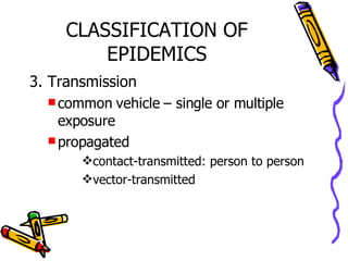 CLASSIFICATION OF EPIDEMICS 3. Transmission common vehicle – single or multiple exposure propagated  contact-transmitted: person to person vector-transmitted 