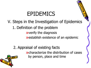 EPIDEMICS V. Steps in the Investigation of Epidemics   1. Definition of the problem verify the diagnosis establish existence of an epidemic 2. Appraisal of existing facts characterize the distribution of cases by person, place and time 