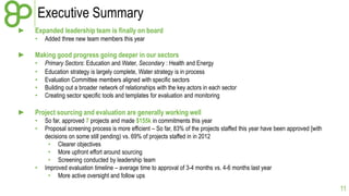 Executive Summary
►

Expanded leadership team is finally on board
•

►

Making good progress going deeper in our sectors
•
•
•
•
•

►

Added three new team members this year

Primary Sectors: Education and Water, Secondary : Health and Energy
Education strategy is largely complete, Water strategy is in process
Evaluation Committee members aligned with specific sectors
Building out a broader network of relationships with the key actors in each sector
Creating sector specific tools and templates for evaluation and monitoring

Project sourcing and evaluation are generally working well
•
•

•

So far, approved 7 projects and made $155k in commitments this year
Proposal screening process is more efficient – So far, 83% of the projects staffed this year have been approved [with
decisions on some still pending) vs. 69% of projects staffed in in 2012
• Clearer objectives
• More upfront effort around sourcing
• Screening conducted by leadership team
Improved evaluation timeline – average time to approval of 3-4 months vs. 4-6 months last year
• More active oversight and follow ups

11

 