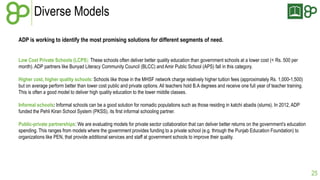 Diverse Models
ADP is working to identify the most promising solutions for different segments of need.
Low Cost Private Schools (LCPS): These schools often deliver better quality education than government schools at a lower cost (< Rs. 500 per
month). ADP partners like Bunyad Literacy Community Council (BLCC) and Amir Public School (APS) fall in this category.
Higher cost, higher quality schools: Schools like those in the MHSF network charge relatively higher tuition fees (approximately Rs. 1,000-1,500)
but on average perform better than lower cost public and private options. All teachers hold B.A degrees and receive one full year of teacher training.
This is often a good model to deliver high quality education to the lower middle classes.
Informal schools: Informal schools can be a good solution for nomadic populations such as those residing in katchi abadis (slums). In 2012, ADP
funded the Pehli Kiran School System (PKSS), its first informal schooling partner.
Public-private partnerships: We are evaluating models for private sector collaboration that can deliver better returns on the government’s education
spending. This ranges from models where the government provides funding to a private school (e.g. through the Punjab Education Foundation) to
organizations like PEN, that provide additional services and staff at government schools to improve their quality.

25

 