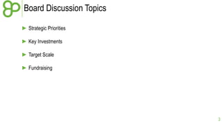 Board Discussion Topics
► Strategic Priorities
► Key Investments
► Target Scale
► Fundraising

3

 