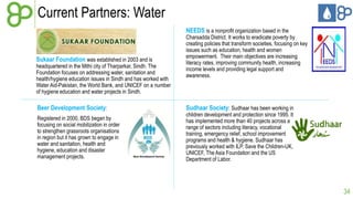 Current Partners: Water
NEEDS is a nonprofit organization based in the

Sukaar Foundation was established in 2003 and is

headquartered in the Mithi city of Tharparkar, Sindh. The
Foundation focuses on addressing water, sanitation and
health/hygiene education issues in Sindh and has worked with
Water Aid-Pakistan, the World Bank, and UNICEF on a number
of hygiene education and water projects in Sindh.

Beer Development Society:
Registered in 2000, BDS began by
focusing on social mobilization in order
to strengthen grassroots organisations
in region but it has grown to engage in
water and sanitation, health and
hygiene, education and disaster
management projects.

Charsadda District. It works to eradicate poverty by
creating policies that transform societies, focusing on key
issues such as education, health and women
empowerment. Their main objectives are increasing
literacy rates, improving community health, increasing
income levels and providing legal support and
awareness.

Sudhaar Society: Sudhaar has been working in
children development and protection since 1995. It
has implemented more than 40 projects across a
range of sectors including literacy, vocational
training, emergency relief, school improvement
programs and health & hygiene. Sudhaar has
previously worked with ILP, Save the Children-UK,
UNICEF, The Asia Foundation and the US
Department of Labor.

34

 